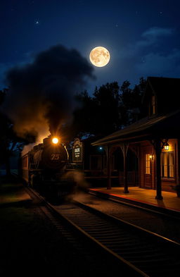 A picturesque midnight train pulling into a quaint, nostalgic Georgia train station, illuminated by soft moonlight