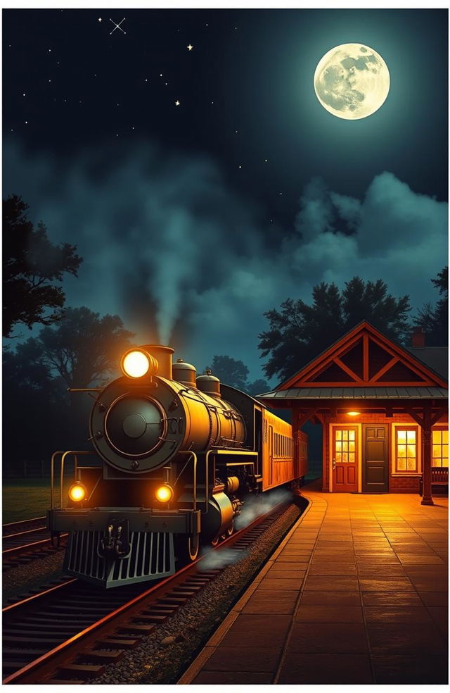 A picturesque midnight train pulling into a quaint, nostalgic Georgia train station, illuminated by soft moonlight