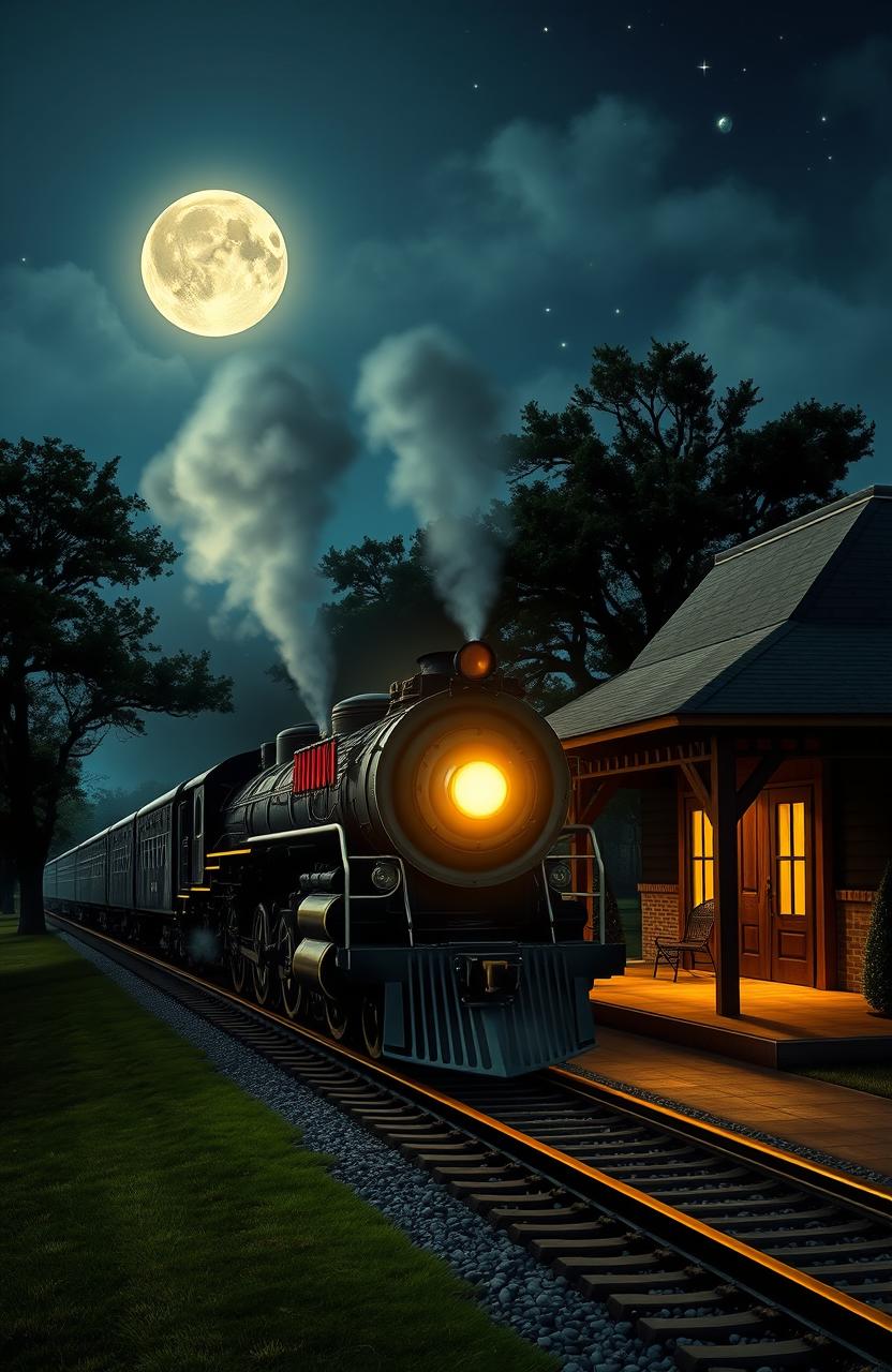 A picturesque midnight train pulling into a quaint, nostalgic Georgia train station, illuminated by soft moonlight