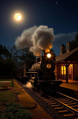 A picturesque midnight train pulling into a quaint, nostalgic Georgia train station, illuminated by soft moonlight