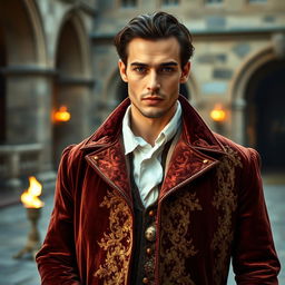 An alluring medieval Frenchman who previously served at court, elegantly portrayed in a lavish outfit that reflects his noble status