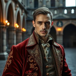 An alluring medieval Frenchman who previously served at court, elegantly portrayed in a lavish outfit that reflects his noble status