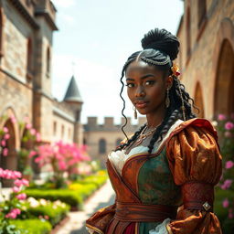 A captivating medieval female Frenchman with dark skin, depicted with elegance and strength