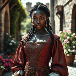 A captivating medieval female Frenchman with dark skin, depicted with elegance and strength