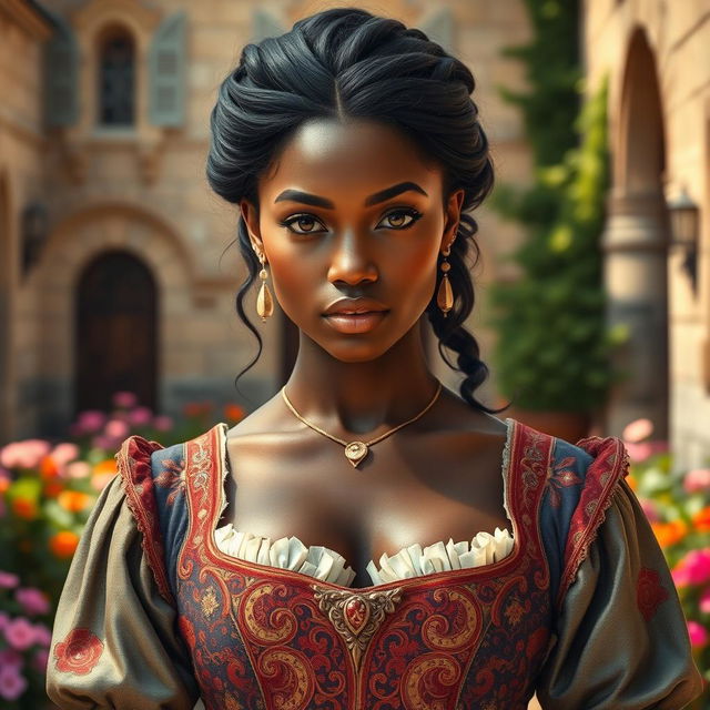 A captivating medieval female Frenchman with dark skin, depicted with elegance and strength