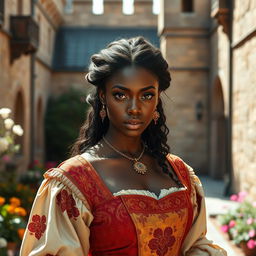 A captivating medieval female Frenchman with dark skin, depicted with elegance and strength