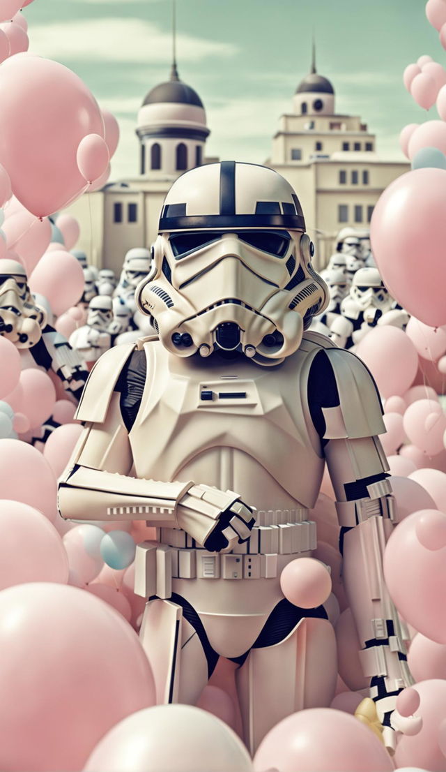 32k Star Wars poster featuring a Wes Anderson-inspired Stormtrooper at a party with balloons on a 200mm canvas.