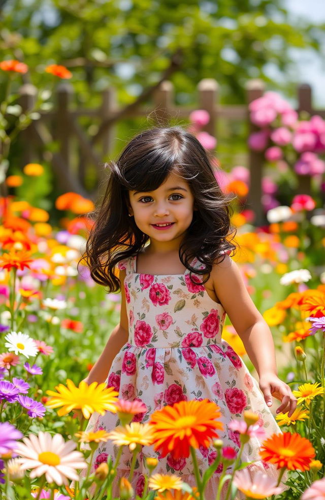 A beautiful young girl with wavy black hair and striking black eyes, dressed in a floral dress, playing in a sunny garden filled with colorful flowers