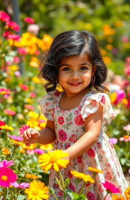 A beautiful young girl with wavy black hair and striking black eyes, dressed in a floral dress, playing in a sunny garden filled with colorful flowers