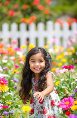 A beautiful young girl with wavy black hair and striking black eyes, dressed in a floral dress, playing in a sunny garden filled with colorful flowers