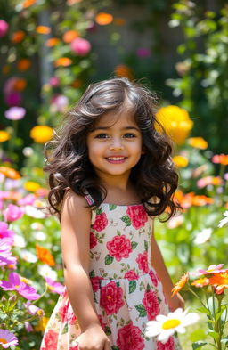 A beautiful young girl with wavy black hair and striking black eyes, dressed in a floral dress, playing in a sunny garden filled with colorful flowers