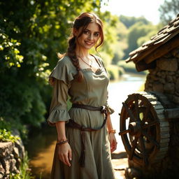 A captivating medieval female French miller, exuding charm and grace, portrayed in a rustic setting