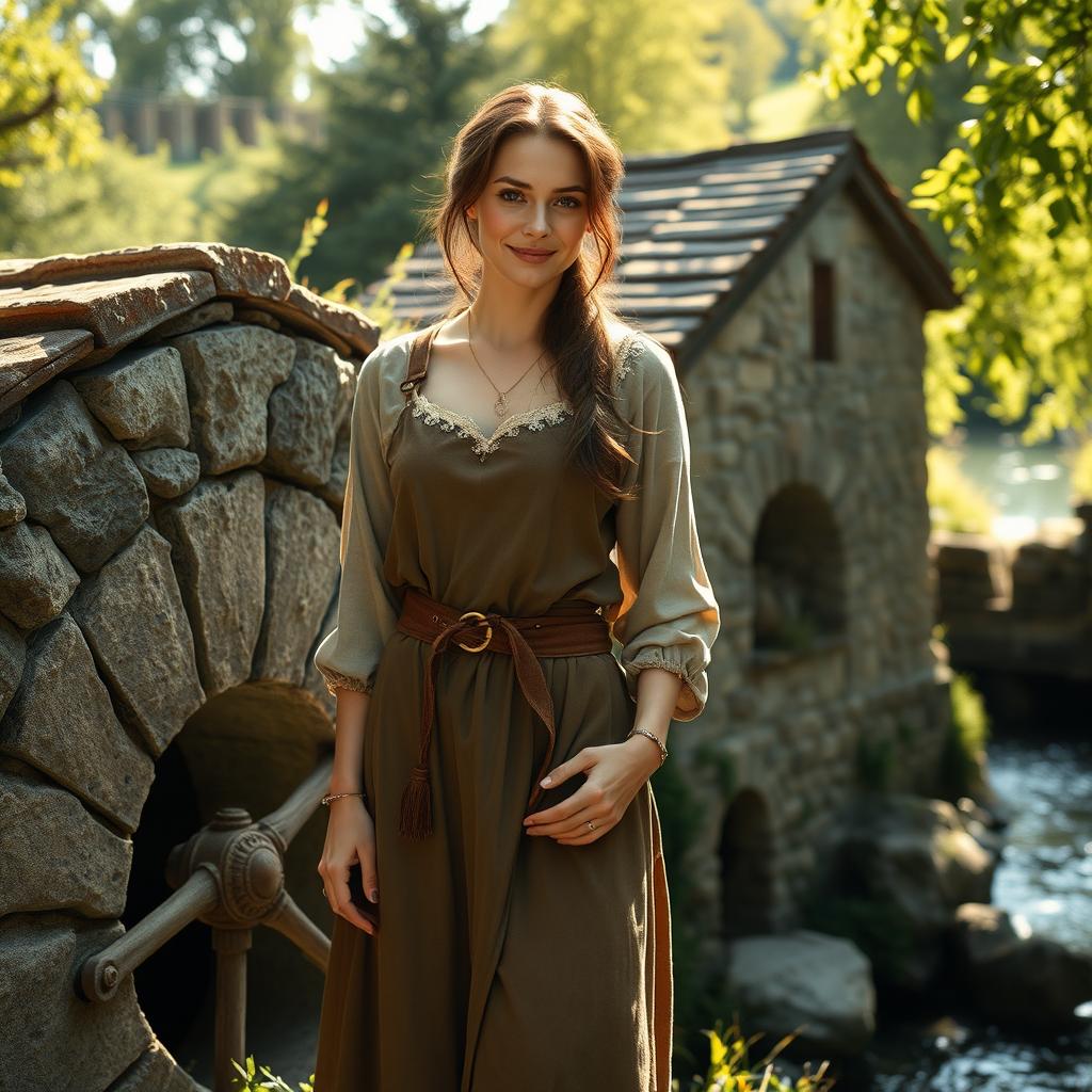 A captivating medieval female French miller, exuding charm and grace, portrayed in a rustic setting