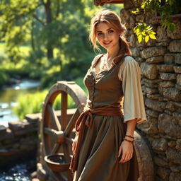 A captivating medieval female French miller, exuding charm and grace, portrayed in a rustic setting