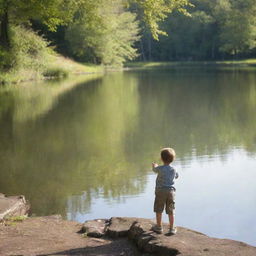 A young child fishing by the lake during a calm and serene day, with dappled sunlight dancing on the water surface.