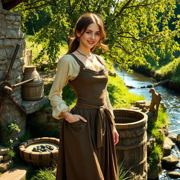 A captivating medieval female French miller, exuding charm and grace, portrayed in a rustic setting