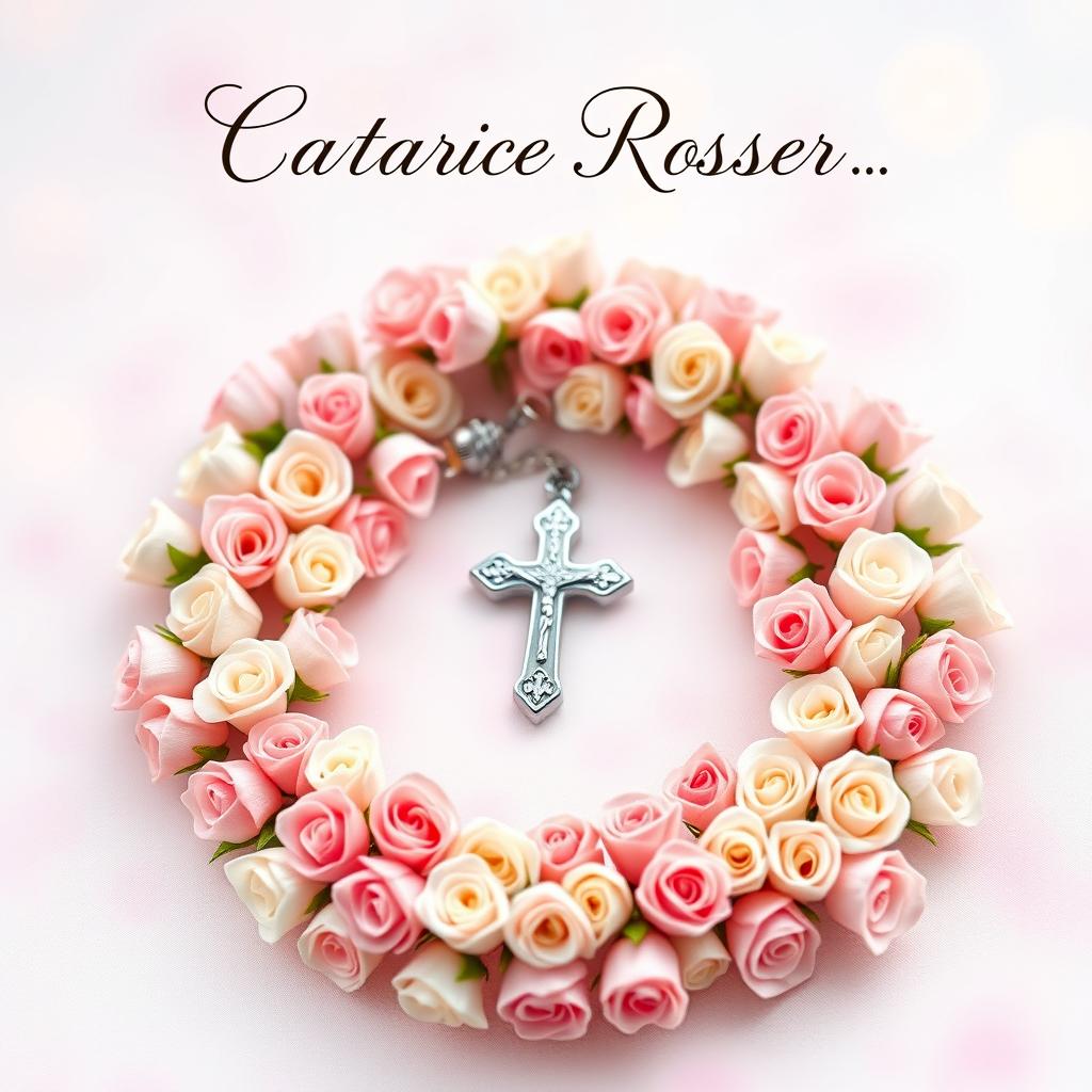 An elegant eBook cover featuring a Catholic rosary made entirely of 50 delicate, tiny roses