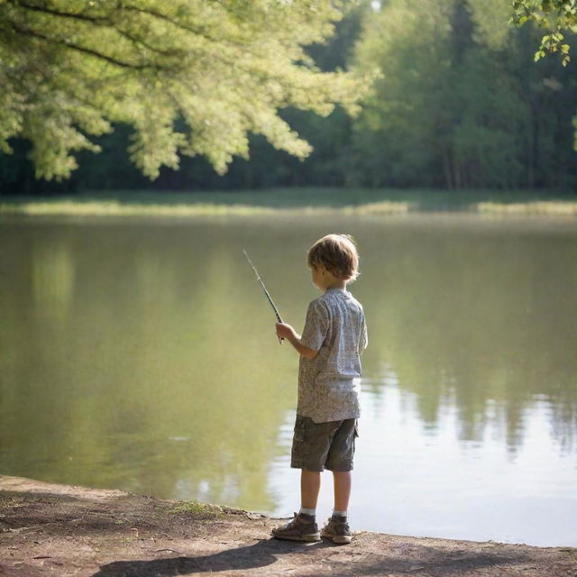 A young child fishing by the lake during a calm and serene day, with dappled sunlight dancing on the water surface.