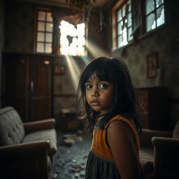 A young girl with black hair and Arabic features, exploring an abandoned house