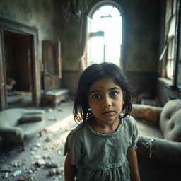 A young girl with black hair and Arabic features, exploring an abandoned house