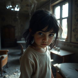 A young girl with black hair and Arabic features, exploring an abandoned house