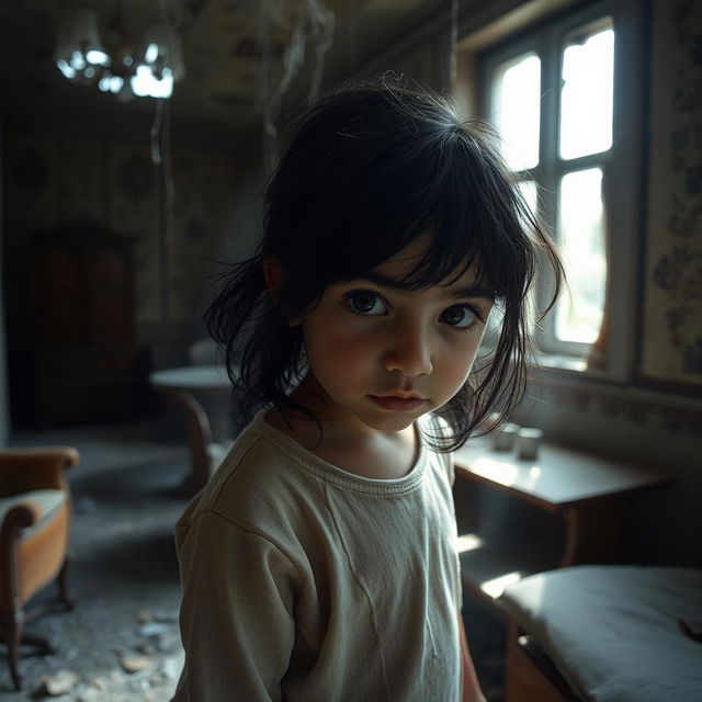 A young girl with black hair and Arabic features, exploring an abandoned house