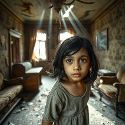 A young girl with black hair and Arabic features, exploring an abandoned house