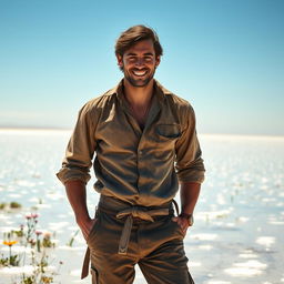 A striking medieval Frenchman, exuding charm and rugged appeal, depicted amidst a picturesque salt marsh