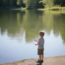 A young child fishing by the lake during a calm and serene day, with dappled sunlight dancing on the water surface.