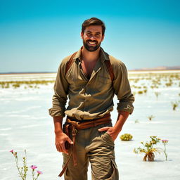 A striking medieval Frenchman, exuding charm and rugged appeal, depicted amidst a picturesque salt marsh