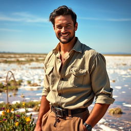 A striking medieval Frenchman, exuding charm and rugged appeal, depicted amidst a picturesque salt marsh