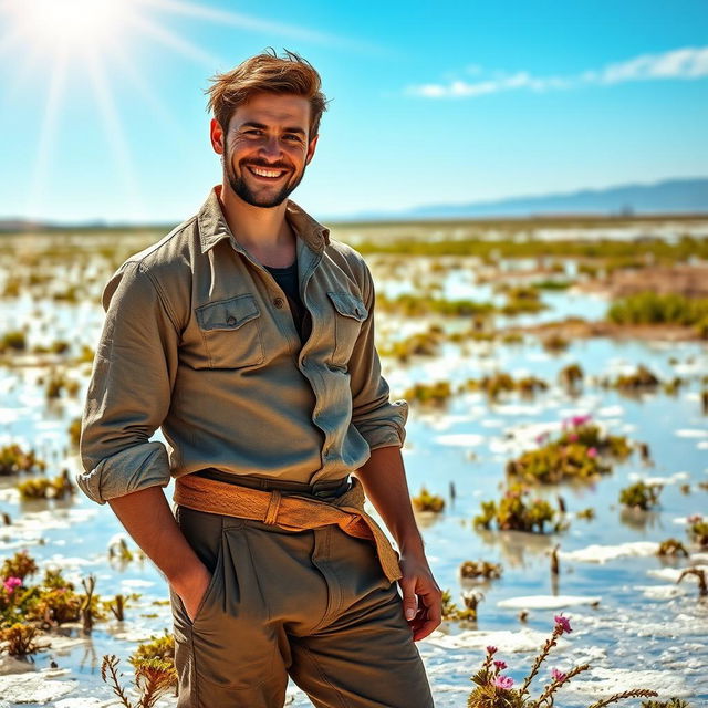 A striking medieval Frenchman, exuding charm and rugged appeal, depicted amidst a picturesque salt marsh