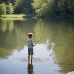 A young child fishing by the lake during a calm and serene day, with dappled sunlight dancing on the water surface.