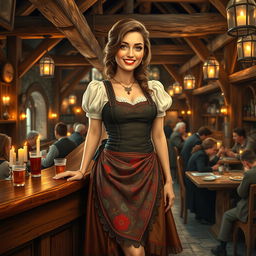 A charming medieval female French innkeeper, radiating warmth and allure, stands behind a rustic wooden bar in her lively tavern
