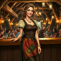 A charming medieval female French innkeeper, radiating warmth and allure, stands behind a rustic wooden bar in her lively tavern