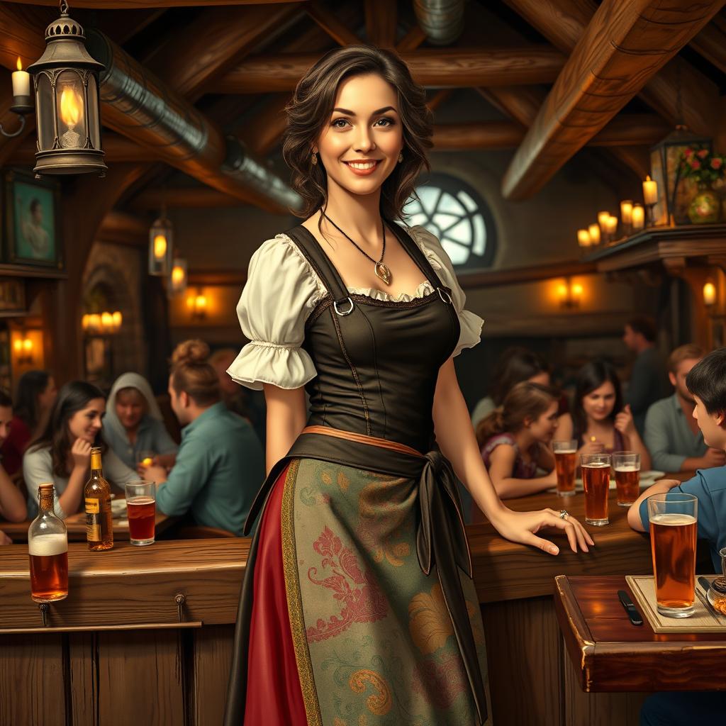 A charming medieval female French innkeeper, radiating warmth and allure, stands behind a rustic wooden bar in her lively tavern