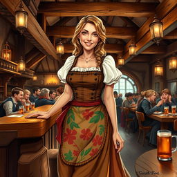 A charming medieval female French innkeeper, radiating warmth and allure, stands behind a rustic wooden bar in her lively tavern