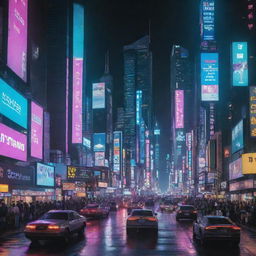 A bustling cyberpunk cityscape, illuminated by neon lights, towering skyscrapers with holographic billboards, and futuristic vehicles zipping through the night sky