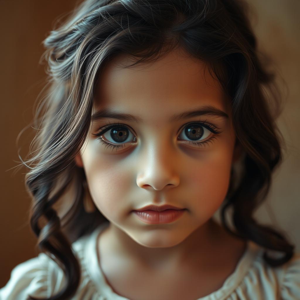 A close-up portrait of a young Arab girl with enchanting black eyes, exhibiting an innocent and pure expression