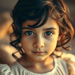 A close-up portrait of a young Arab girl with enchanting black eyes, exhibiting an innocent and pure expression