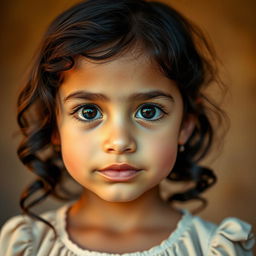 A close-up portrait of a young Arab girl with enchanting black eyes, exhibiting an innocent and pure expression