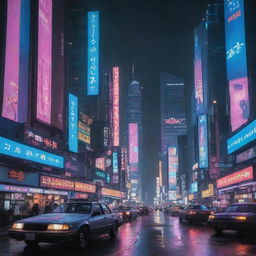 A bustling cyberpunk cityscape, illuminated by neon lights, towering skyscrapers with holographic billboards, and futuristic vehicles zipping through the night sky