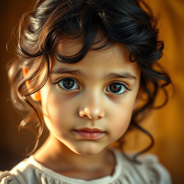 A close-up portrait of a young Arab girl with enchanting black eyes, exhibiting an innocent and pure expression