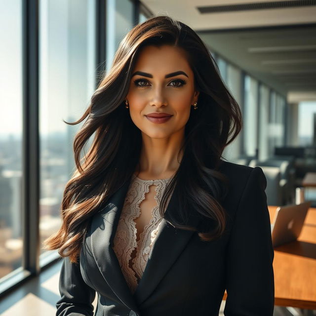 Close-up portrait of an elegant woman in a sleek, modern office setting