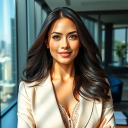 Close-up portrait of an elegant woman in a sleek, modern office setting
