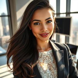 Close-up portrait of an elegant woman in a sleek, modern office setting
