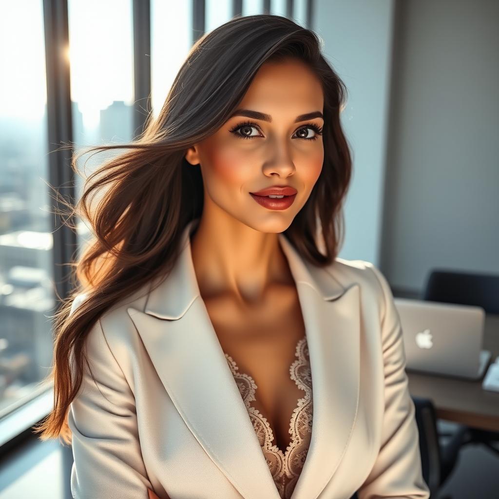 Close-up portrait of an elegant woman in a sleek, modern office setting