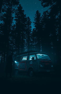 A dark and atmospheric scene showing a vintage van parked in a secluded forest at dusk