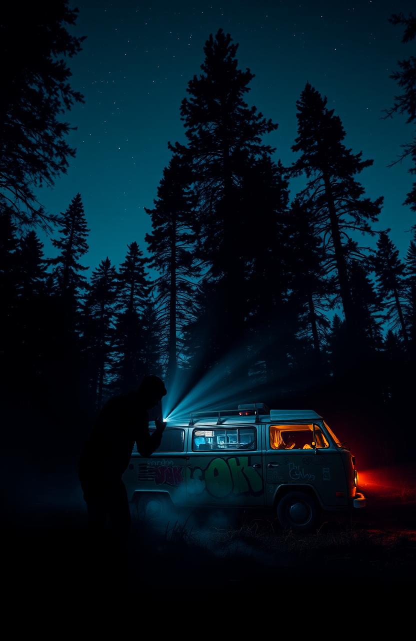 A dark and atmospheric scene showing a vintage van parked in a secluded forest at dusk