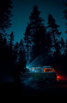 A dark and atmospheric scene showing a vintage van parked in a secluded forest at dusk